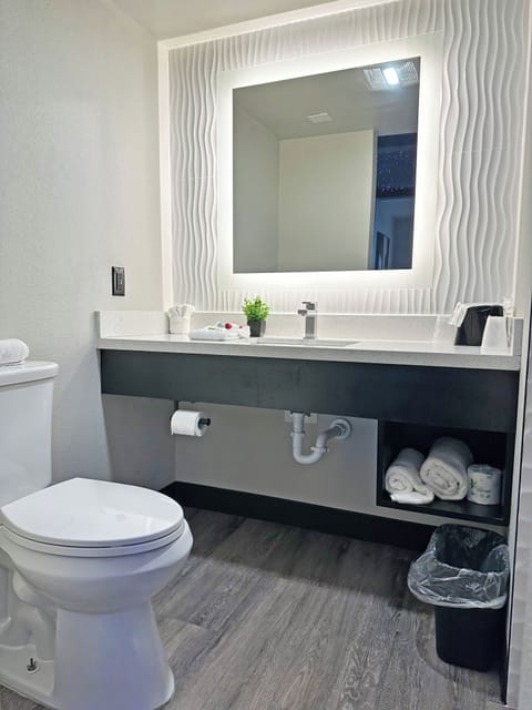 Shower, rainfall showerhead, soap, shampoo