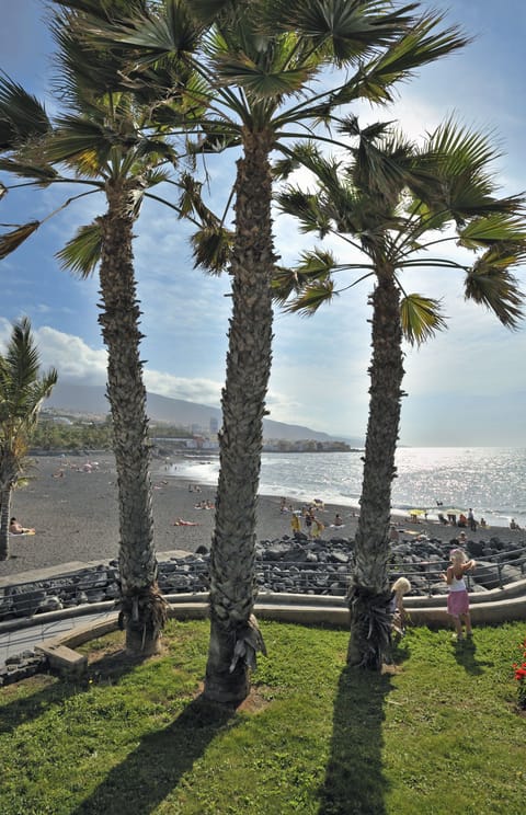 Black sand, sun loungers, beach umbrellas, 2 beach bars