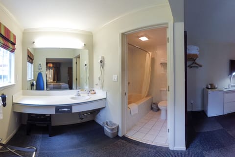 Combined shower/tub, free toiletries, hair dryer, towels