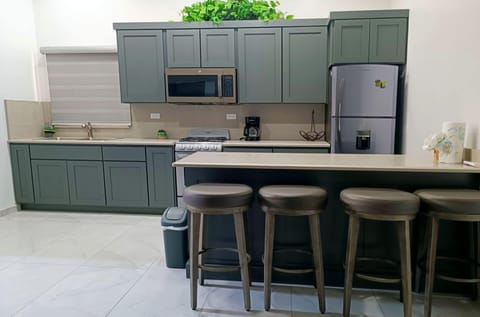 Deluxe Apartment | Private kitchen | Full-size fridge, microwave, oven, cookware/dishes/utensils