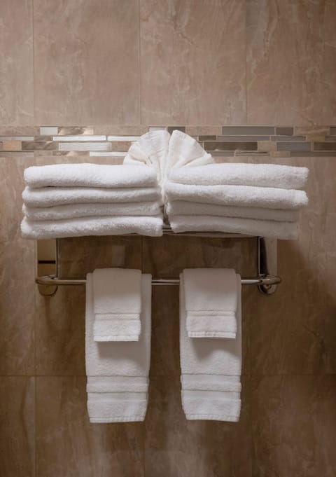 Combined shower/tub, free toiletries, hair dryer, towels