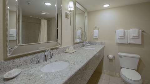 Combined shower/tub, free toiletries, hair dryer, towels