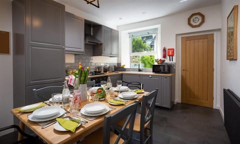 Fridge, dishwasher, cookware/dishes/utensils