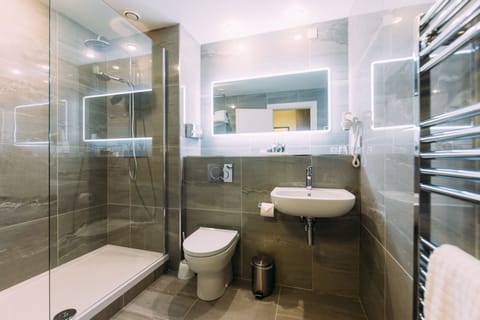 Combined shower/tub, free toiletries, hair dryer, towels