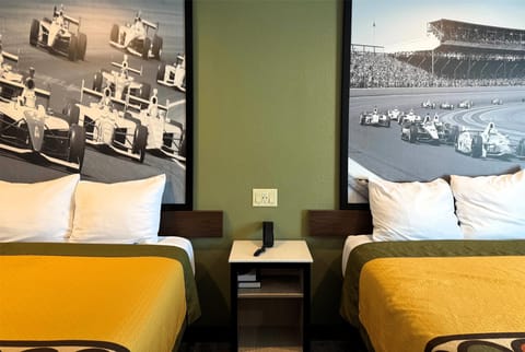 Desk, laptop workspace, blackout drapes, iron/ironing board