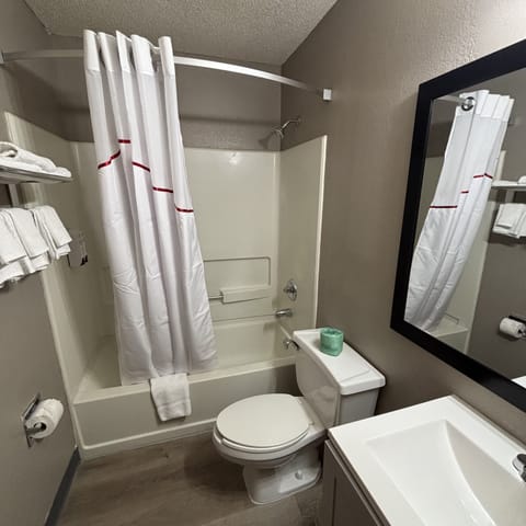 Combined shower/tub, free toiletries, hair dryer, towels