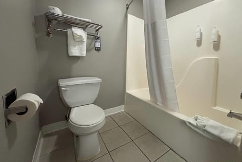 Combined shower/tub, free toiletries, hair dryer, towels