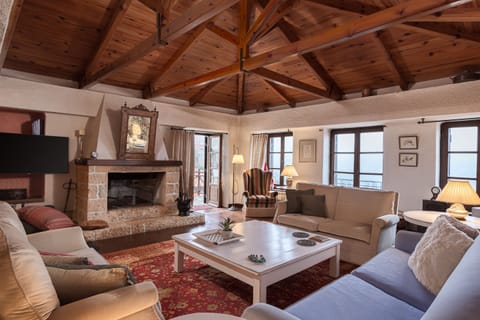 Deluxe Apartment | Living area | 45-inch TV with digital channels, fireplace