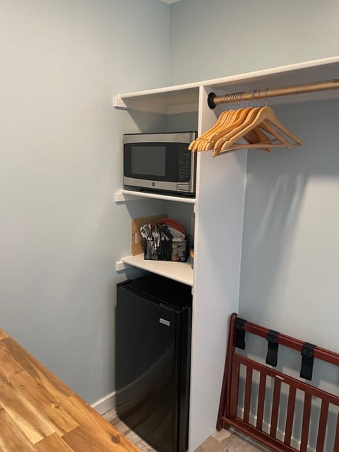 Mini-fridge, microwave, coffee/tea maker, highchair