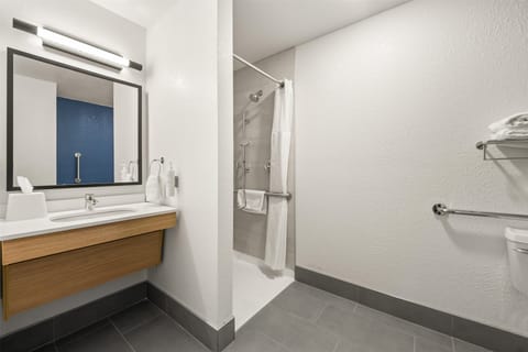 Room, 1 Queen Bed, Accessible (Mobility & Roll-In Shower) | Bathroom | Combined shower/tub, free toiletries, hair dryer, towels