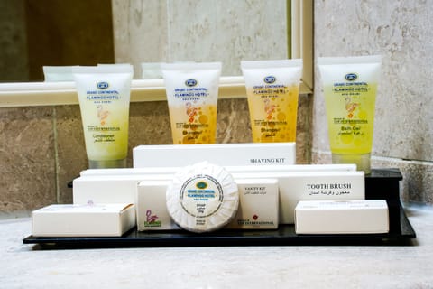 Combined shower/tub, free toiletries, hair dryer, bidet