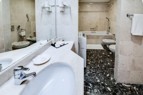 Combined shower/tub, free toiletries, hair dryer, bidet