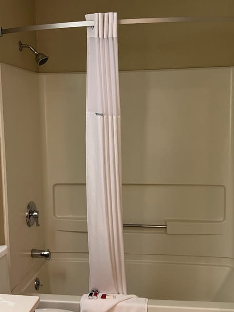 Combined shower/tub, free toiletries, hair dryer, towels