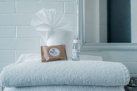 Shower, towels, soap, shampoo