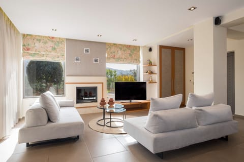 Deluxe Villa, 4 Bedrooms | Living area | 55-inch Smart TV with satellite channels, TV, fireplace