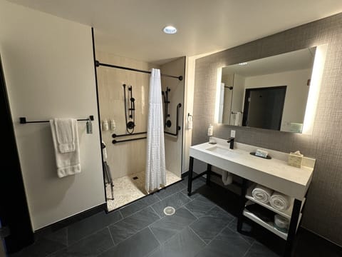 Room, 1 King Bed, Non Smoking (Mobility/Hearing, Roll-In Shower) | Bathroom | Free toiletries, hair dryer, towels