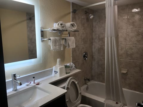 Combined shower/tub, hair dryer, towels