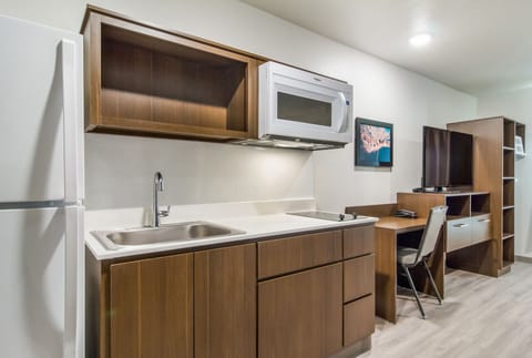 Full-size fridge, microwave, stovetop