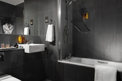 Combined shower/tub, free toiletries, hair dryer, towels