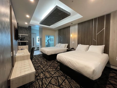 Desk, laptop workspace, blackout drapes, iron/ironing board