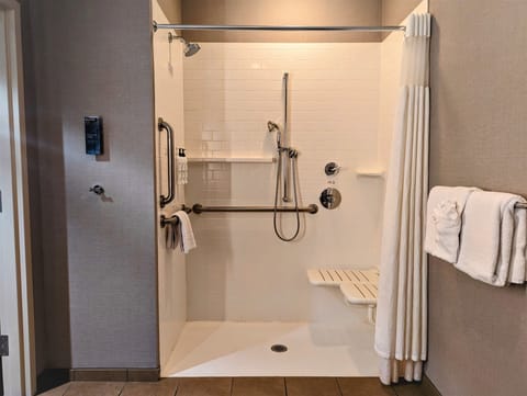 Room, 1 King Bed (Mobility/Hearing Access, Roll-In Shwr) | Bathroom | Free toiletries, hair dryer, towels, soap