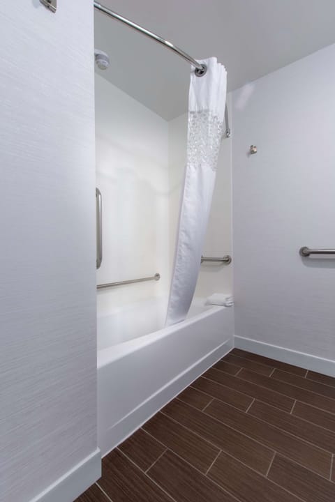 Combined shower/tub, free toiletries, hair dryer