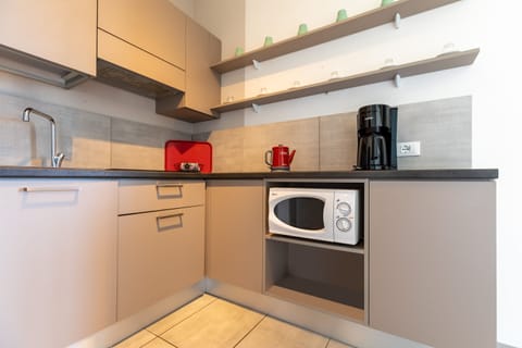 Panoramic Apartment | Private kitchen | Full-size fridge, microwave, coffee/tea maker, electric kettle