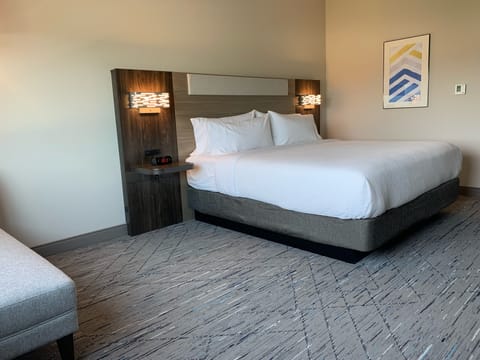 Desk, laptop workspace, blackout drapes, iron/ironing board