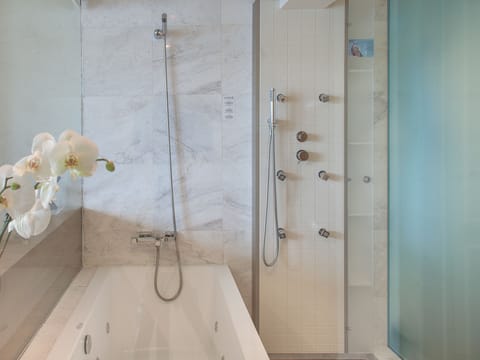 Hydromassage showerhead, designer toiletries, hair dryer, towels