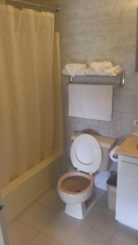 Combined shower/tub, towels, soap, toilet paper