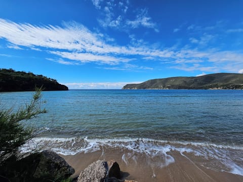 On the beach, white sand, 2 beach bars