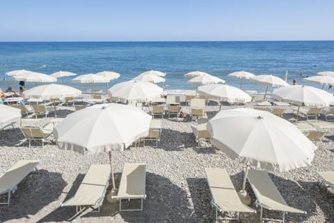 On the beach, sun loungers, beach umbrellas