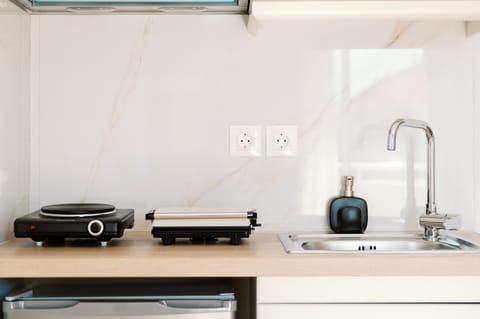 Fridge, stovetop, cookware/dishes/utensils, cleaning supplies