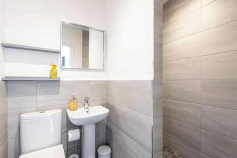 Shower, rainfall showerhead, soap, toilet paper