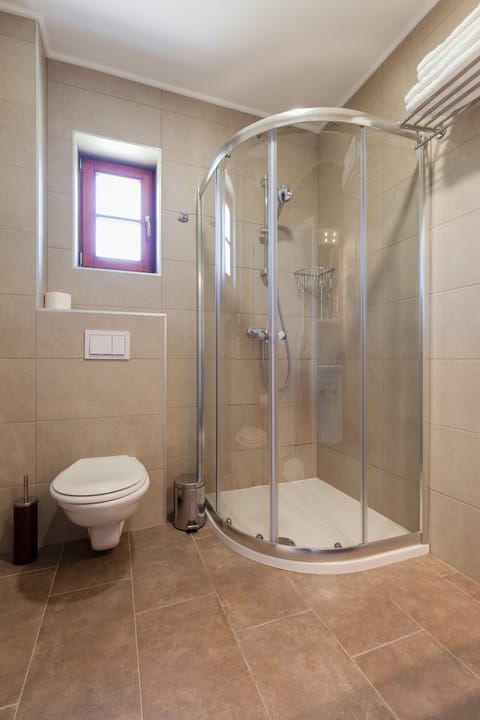 Hair dryer, towels, soap, shampoo