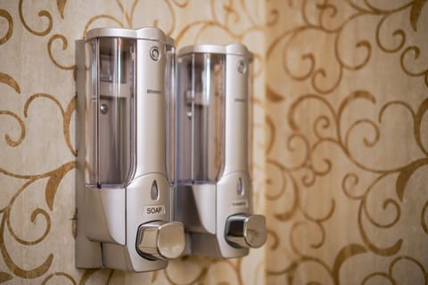 Shower, rainfall showerhead, free toiletries, hair dryer