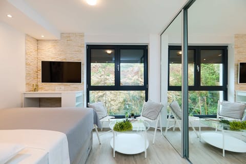 Apartment (0 Bedroom) | Living area | 140-cm flat-screen TV with cable channels, TV