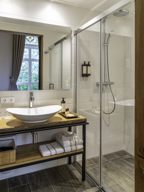 Shower, rainfall showerhead, hair dryer, bathrobes