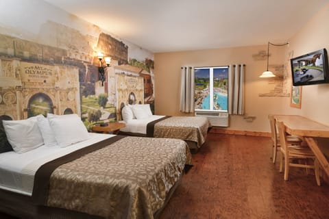 Desk, iron/ironing board, bed sheets