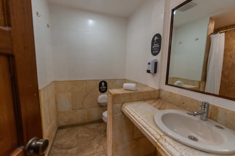 Shower, hair dryer, soap, toilet paper