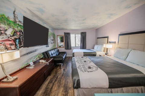 Laptop workspace, blackout drapes, soundproofing, iron/ironing board