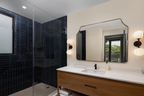 Shower, rainfall showerhead, designer toiletries, hair dryer