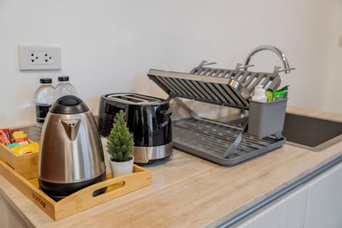 Deluxe One-Bedroom Apartment | Private kitchen | Fridge, microwave, toaster, cookware/dishes/utensils