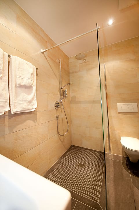 Shower, free toiletries, hair dryer, towels