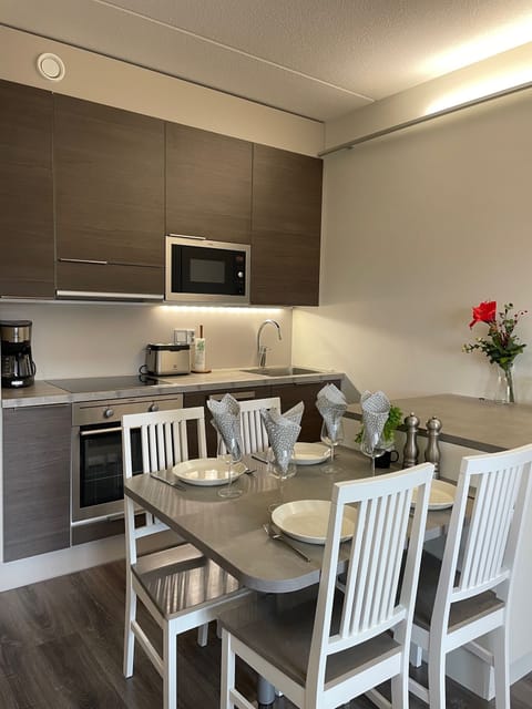 Luxury Apartment | Private kitchen | Electric kettle, highchair, toaster oven, cleaning supplies