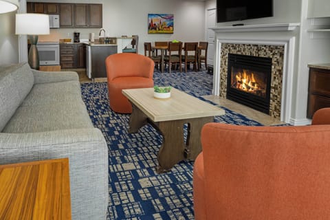 Flat-screen TV, fireplace