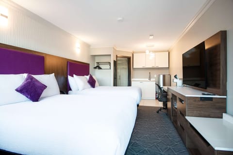 Room, 2 Queen Beds, Kitchenette | Desk, laptop workspace, blackout drapes, soundproofing