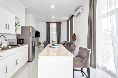 Luxury Apartment | Private kitchen | Fridge, microwave, oven, coffee/tea maker