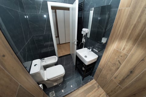 Hair dryer, bathrobes, towels, soap