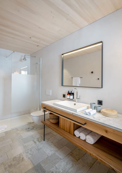 Hair dryer, bathrobes, heated floors, towels